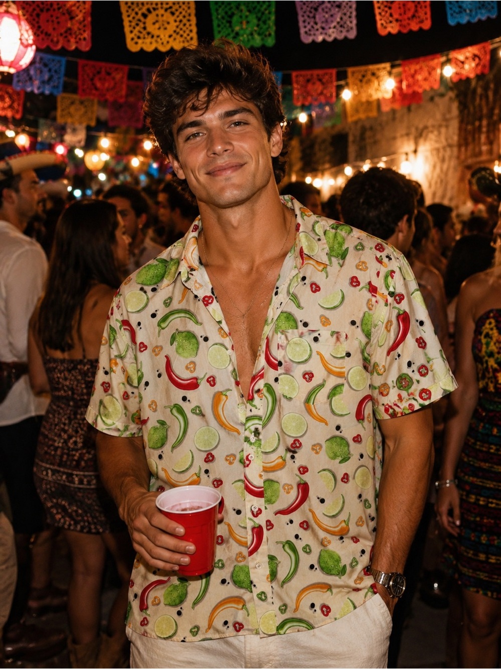 Public Access Men's Short-Sleeve Lime & Peppers Print Shirt - Cream Sz XXL
